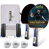 PPong Gold Edition Table Tennis Racket Two Paddle Ping Pong Bat + 3 Balls + Net & Cover Case